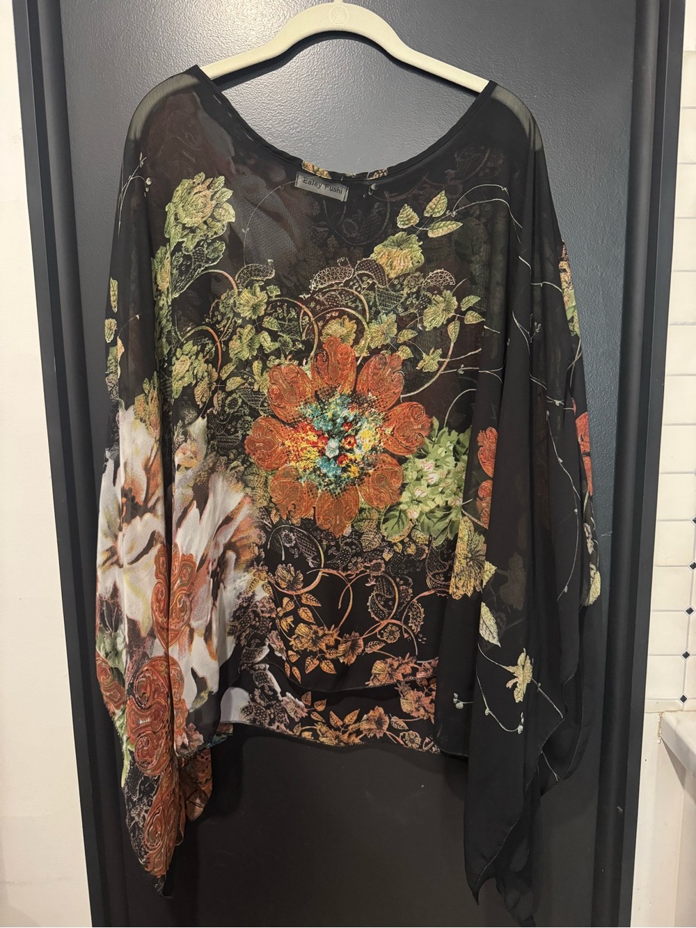 Sheer Floral Blouse in Black with Orange & Green Accents